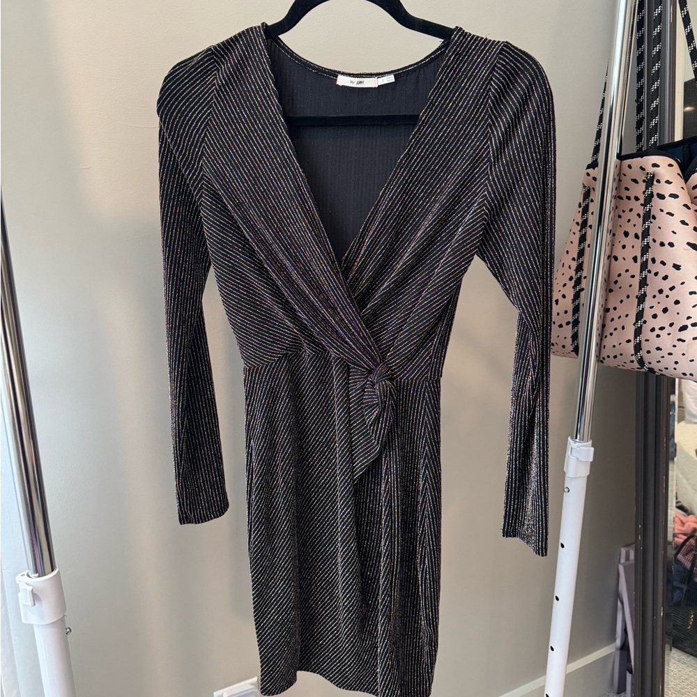miami Black Long-Sleeve Metallic Stripe Wrap Dress
